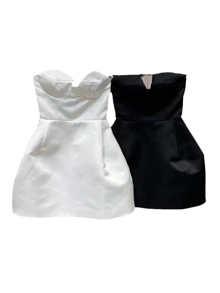 DEAT Nouvelle Robe Bustier Couleur Unie Tendance Femme 2025 Mode Été Sans Manches Épaules Dénudées Robes Courtes Femme