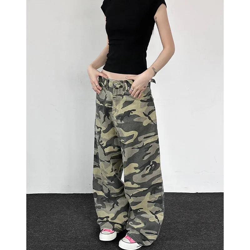 Salopette verte taille basse pour femme, style camouflage, mode américaine, ample, streetwear, jambes larges, pantalon ample et droit