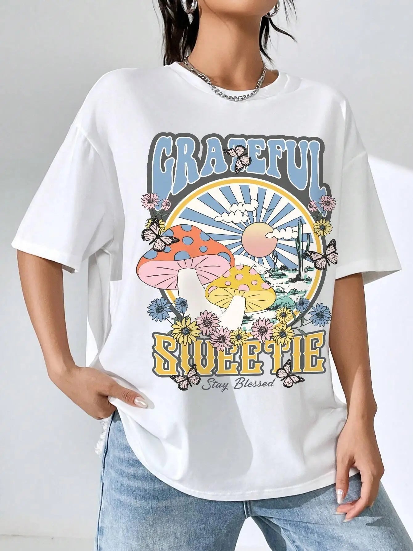 Grateful Sweetie Stay Blessed Printing Women T-Shirt Loose Casual Tshirt Street Hip Hop Clothes Cotton Oversized Short Sleeve