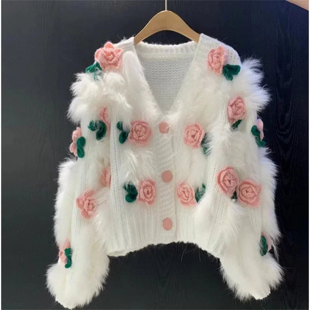 Femmes Pulls Fourrure Tricot Cardigan Automne Hiver Streetwear Mode Simple Boutonnage Fleurs Gland Court Cachemire Tricot Manteau