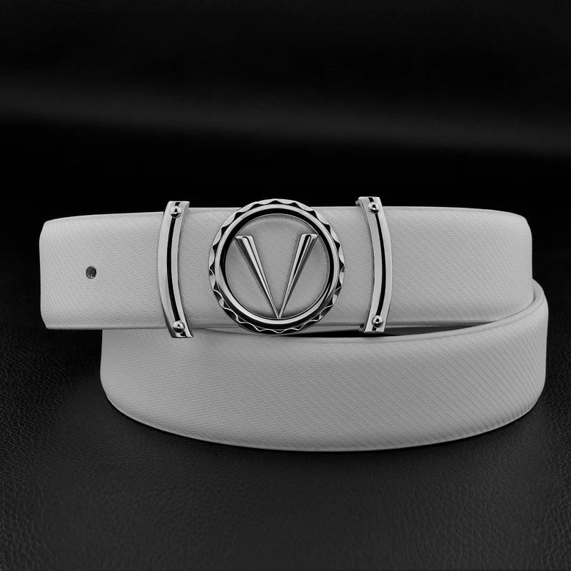 Ceinture de luxe en cuir véritable de haute qualité pour homme, 3,3 cm, avec lettre V, en cuir de vache, blanche