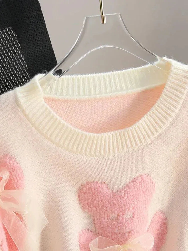 Jmprs Pulls imprimés ours mignons pour femmes, pulls tricotés à manches longues avec nœud, mode coréenne, ample, col rond, hauts doux