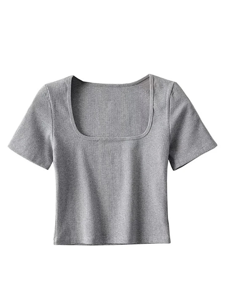 Women Square Neck Rib Crop T-shirt Short Sleeve Crop Top