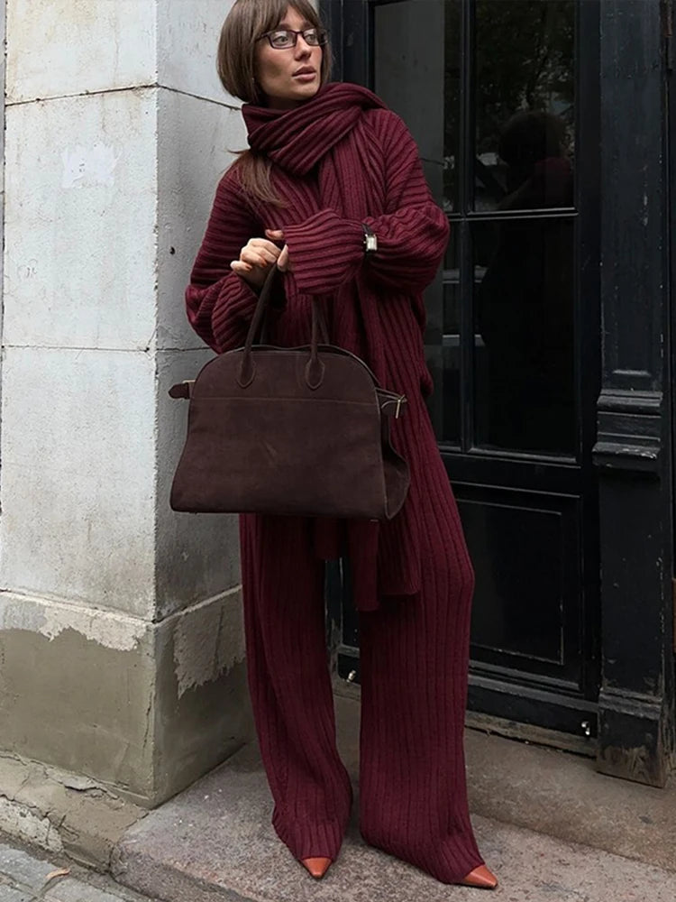 Elegant Knit Red Set With Scarf Women Christmas Long Sleeve V Neck Loose Sweater Sets 2025 Chic Elastic Wide Leg Pants Suit