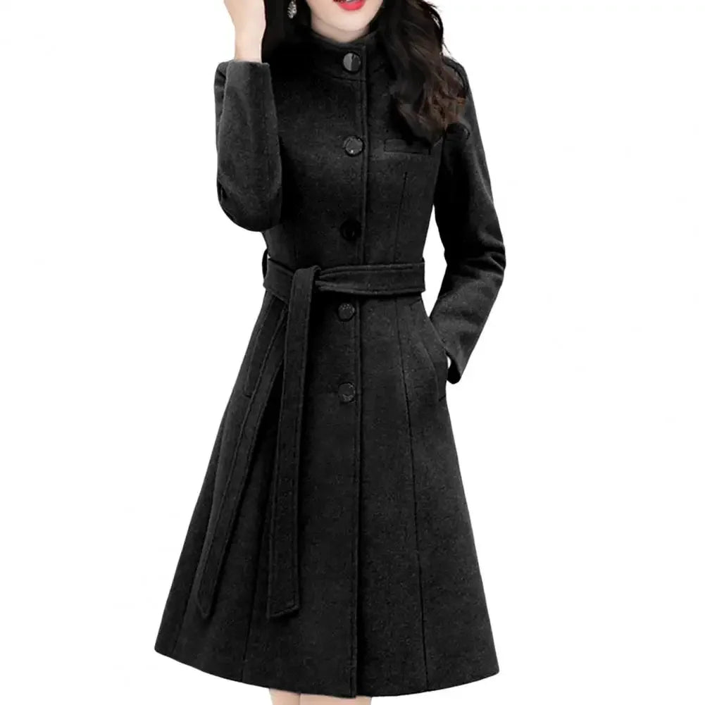 Trendy Women Outwear Long Sleeve Super Soft Women Woolen Coat  Slim Fit Belt Trench Coat