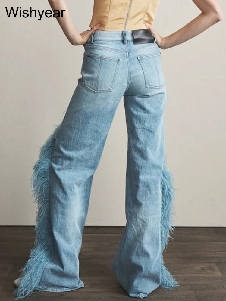 Washed Blue Spliced Feather Jeans Women High Waist Patchwork Button Demin Wide Leg Pants Female Boyfriend Streetwear Trousers