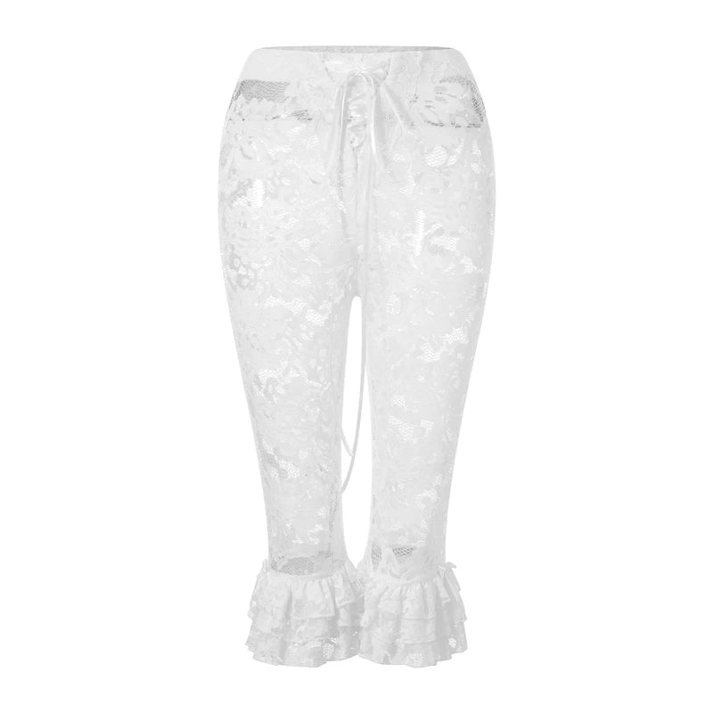 Women Floral Lace Capri Pants Coquette See-Through High Waist Ruffles Hem Trousers Summer Casual Pants Stretch Crop Leggings