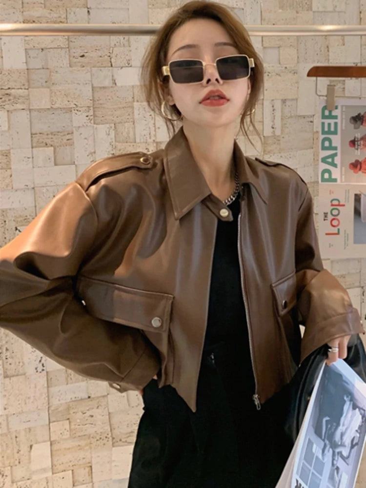 Lautaro Spring Short Brown Casual Faux Leather Jackets for Women Drop Shoulder Long Sleeve Pockets Zipper Cool Corp Top 2022