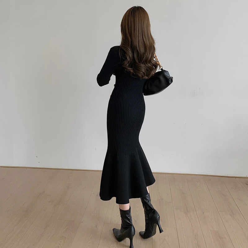 Vintage Midi Dresses for Women Clothing Long Sleeve Elegant Button Warm Trumpet Mermaid Knitted Sweater Bodycon Dress Winter New