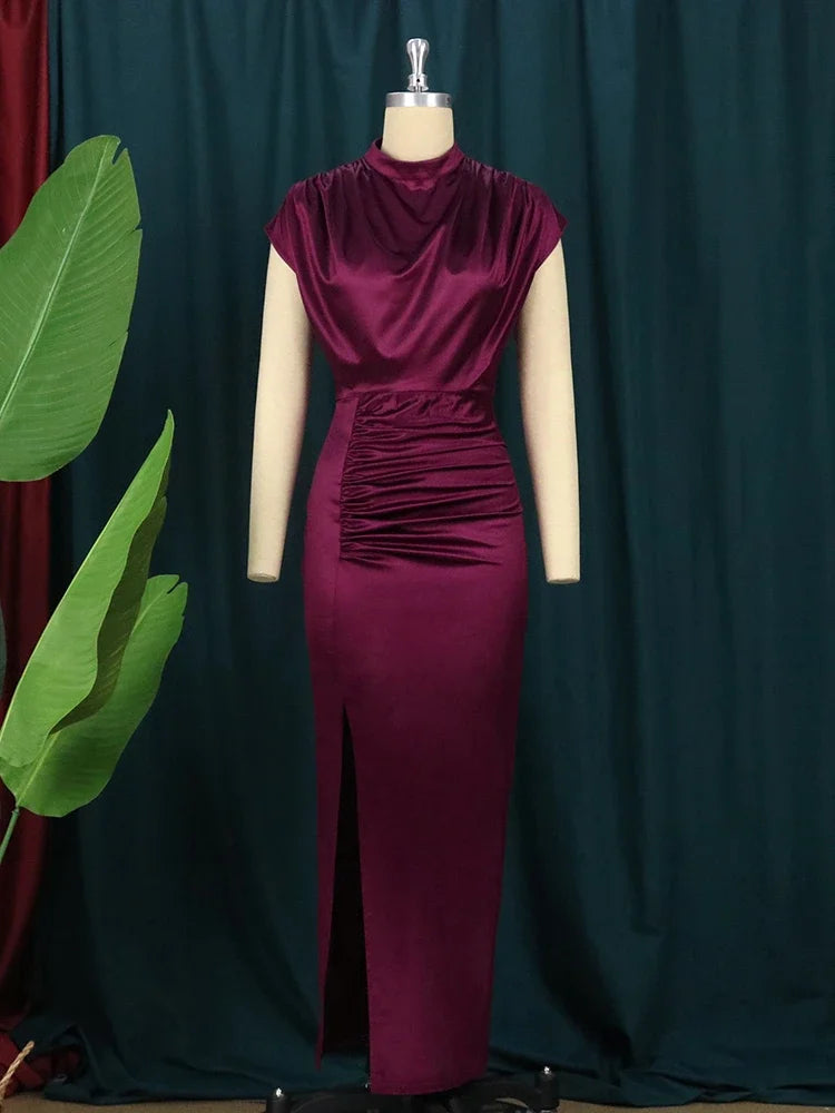 Robe longue plissée pour femme, rouge vin, élégante, fente, col haut, coupe ajustée, sans manches, maxi, robes brillantes, fête