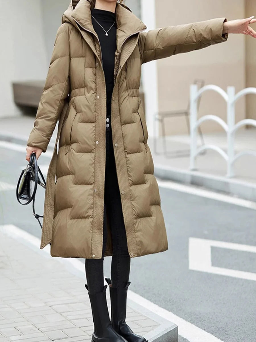 FTLZZ Winter Women White Duck Down Coat Lady Hooded Zipper Long Outwear Casual Thick Warm Solid Coat with Belt