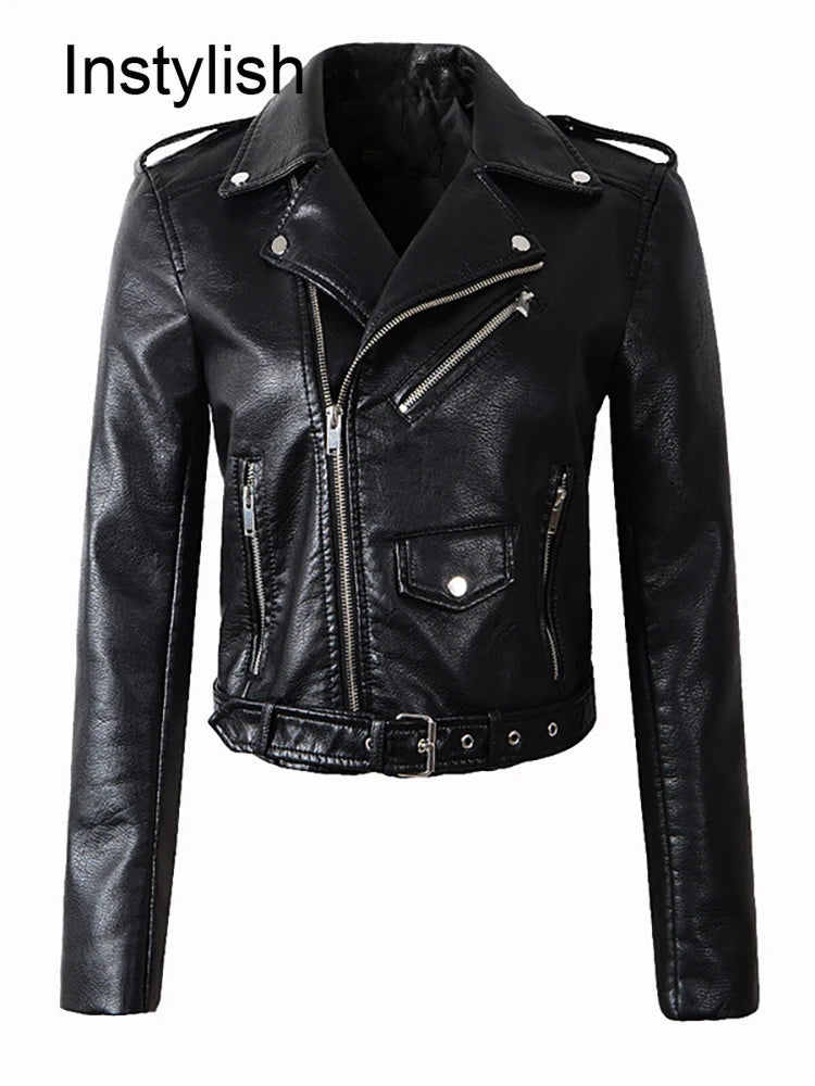 Women Autumn Winter Faux Leather Zipper Jacket Elegant PU Leather Lapel Crop Coat Vintage Motorcycle Biker Outwear with Belt