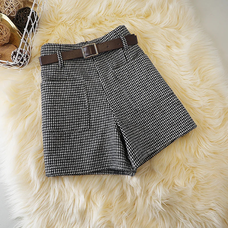 Houndstooth woolen shorts women's autumn and winter new high waist retro slim boots pantslarge size woolen pocket wide leg pants