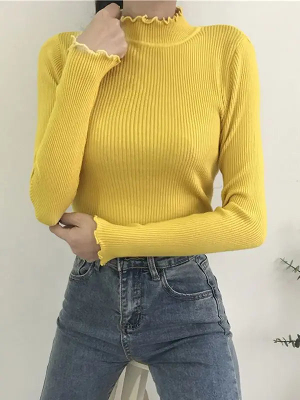 Turtleneck Ruched Women Sweater High Elastic Solid 2024 Fall Winter Fashion Sweater Women Slim Sexy Knitted Pullovers Pink White