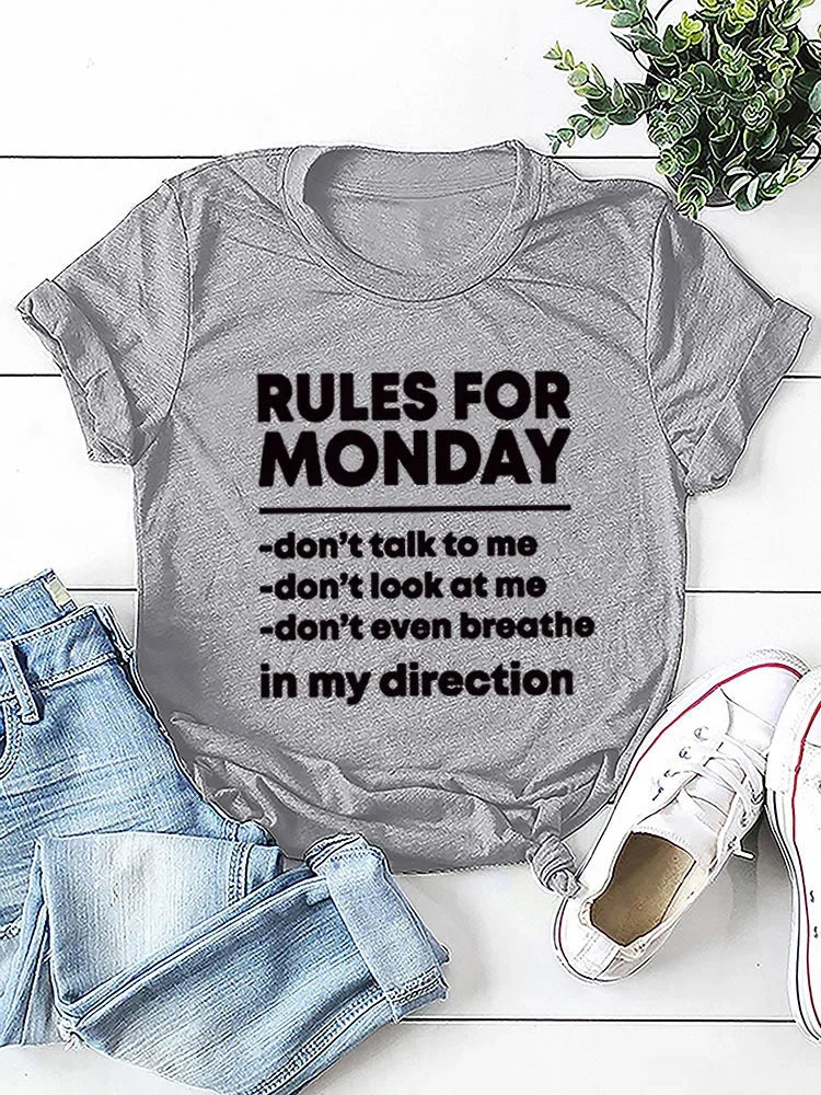 RULES FOR MONDAY Letter Print Women T Shirt Short Sleeve O Neck Loose Women Tshirt Ladies Tee Shirt Tops Camisetas Mujer