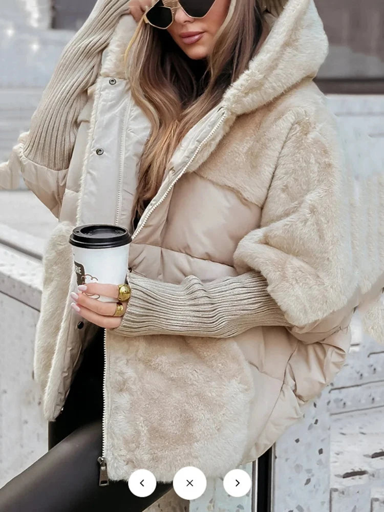 Winter Comfort Chic Hooded Jacket Loose Zipper Coat Women's Cotton Coat Elastic Ribbed Sleeve Parka Faux Fur Spliced Overcoat