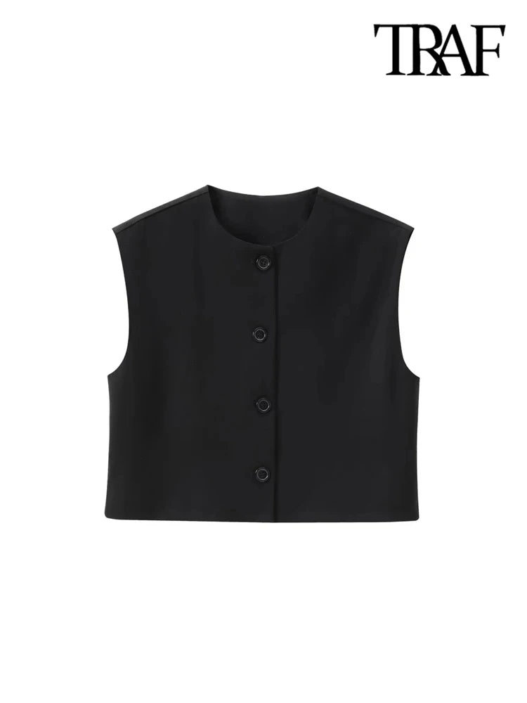 TRAF-Front Button Cropped Waistcoat for Women, O Neck, Sleeveless, Female Outerwear, Chic Tops, Fashion