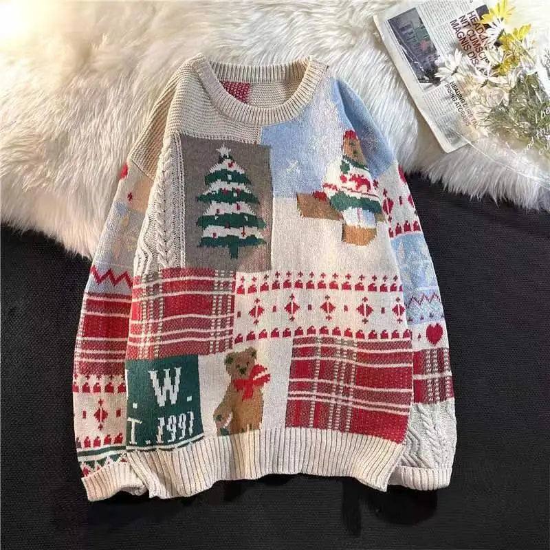 new warm pullovers round neck sweater women street stitching Christmas tree jacquard sweater ins couple loose in winter 2022