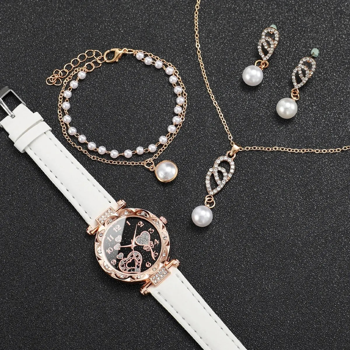 Lot de 4 montres à quartz analogiques en cuir PU pour femme avec strass brillants et perles artificielles, ensemble de bijoux, cadeau pour fille (sans boîte)