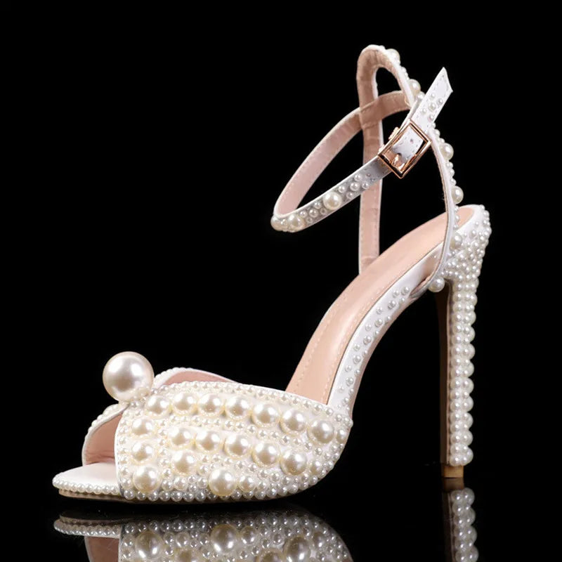 Star style Luxury Pearls Crystal Peep Toe Women Sandals Fashion Summer High heels Gladiator Sandals Wedding Party Bridals Shoes