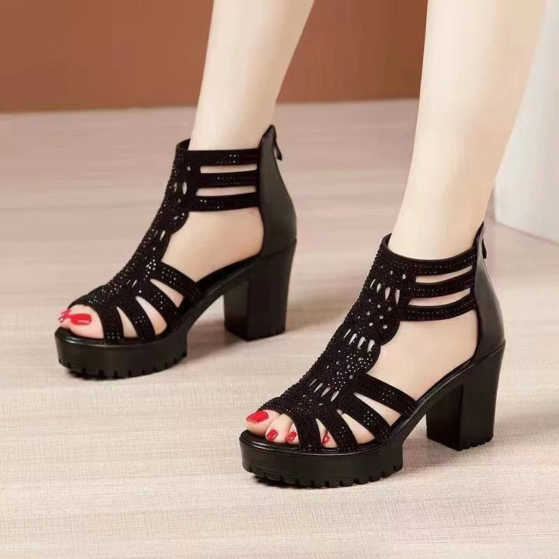 Summer Women's Hollow Roman Sandals High Heels Girls Casual Sandals Open Toe Fish Mouth Shoes Striped Slim High-top Shoes