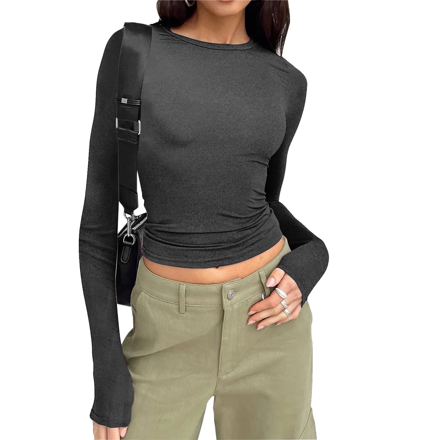 Long Sleeve T Shirt Women’s Slim Tops Long Sleeve Round Neck Crop Top Tee Shirt Basic Solid Tight Slim Big Long Sleeve Shirts