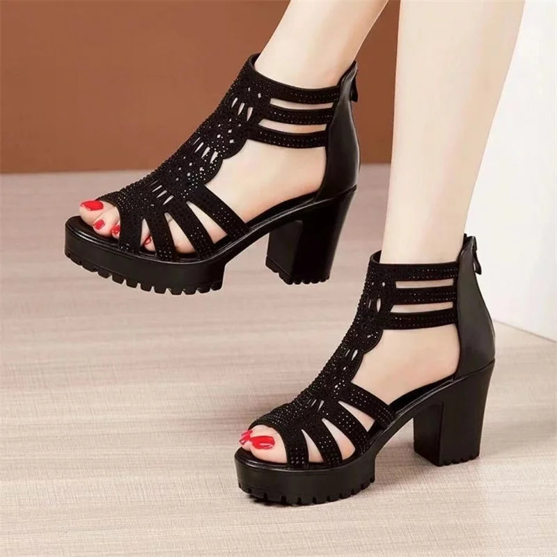 Summer Women's Hollow Roman Sandals High Heels Girls Casual Sandals Open Toe Fish Mouth Shoes Striped Slim High-top Shoes