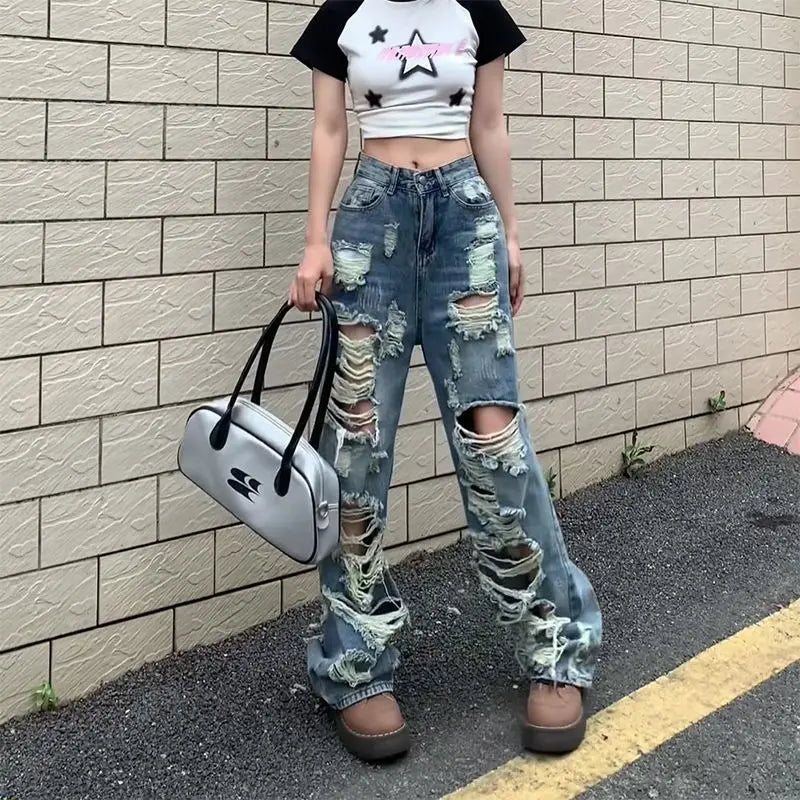 Fashionable Women's Ripped Jeans, High Waist Slimming Wide Leg Denim Pants Female Casual Straight Shredded Jeans for Women 4XL