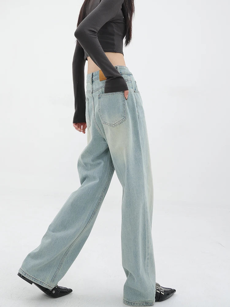 Pantalon en jean droit ample pour femme, décontracté, taille haute, vintage, style coréen, streetwear, nouvelle mode, été