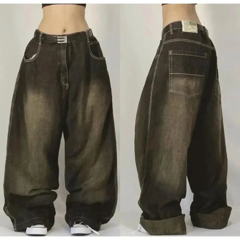 Pantalon large style hip-hop américain Y2k style gothique avec fermeture éclair et tête de mort brodée pour homme, style Harajuku, vintage, taille haute, décontracté, unisexe