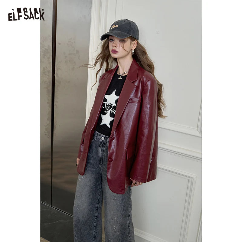 ELFSACK 2024 Autumn New Arrive Dark red PU leather suit for women, high-end retro casual jacket