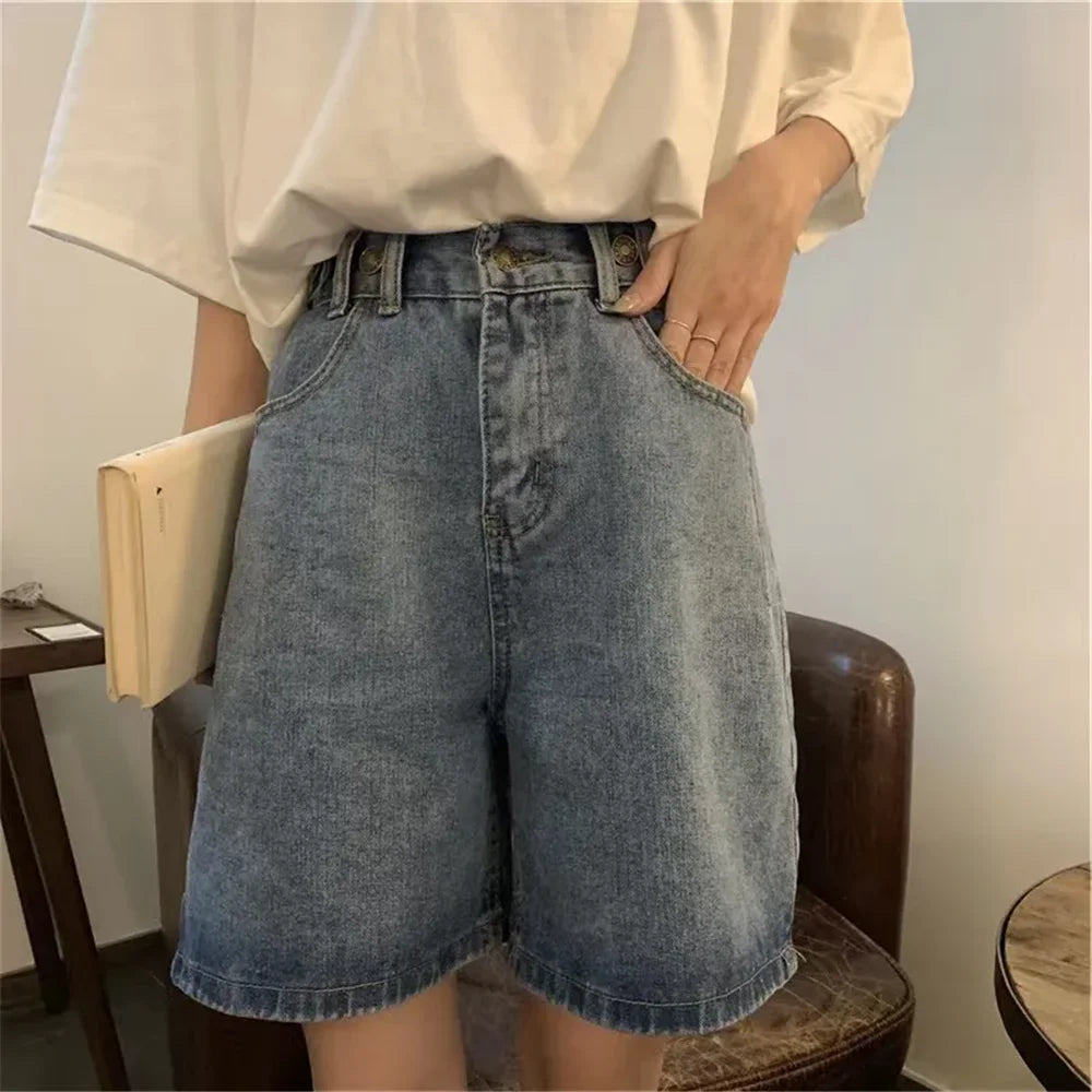 BF Style Straight Denim Shorts Women Y2k Polar Big Streetwear Skateboard Retro Blue Harajuku Hip Hop Cartoon Solid Fashion Baggy