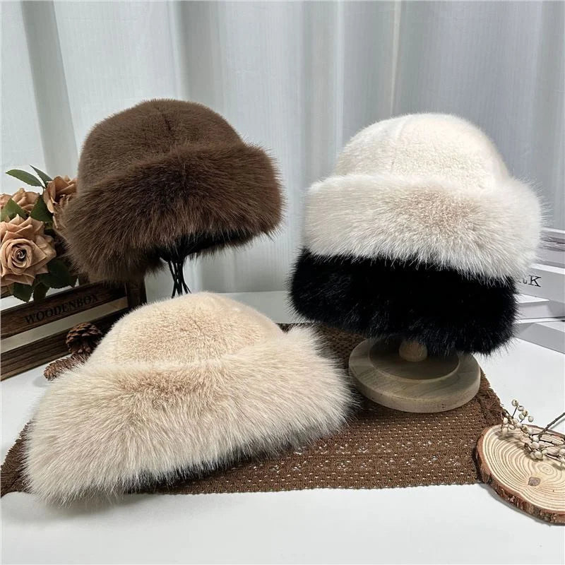 New Women Warm Thick Bucket Hats Fluffy Fur Panama Cap Plush Windproof Ear Protection Caps Solid Luxury Fisherman Hat 2024