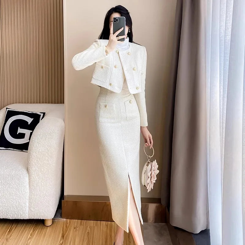 Small Fragrance Coarse Tweed Two-Piece Set Women's Elegance Temperament O-neck Short Coat+Split Skirts Spring Autumn Suits New