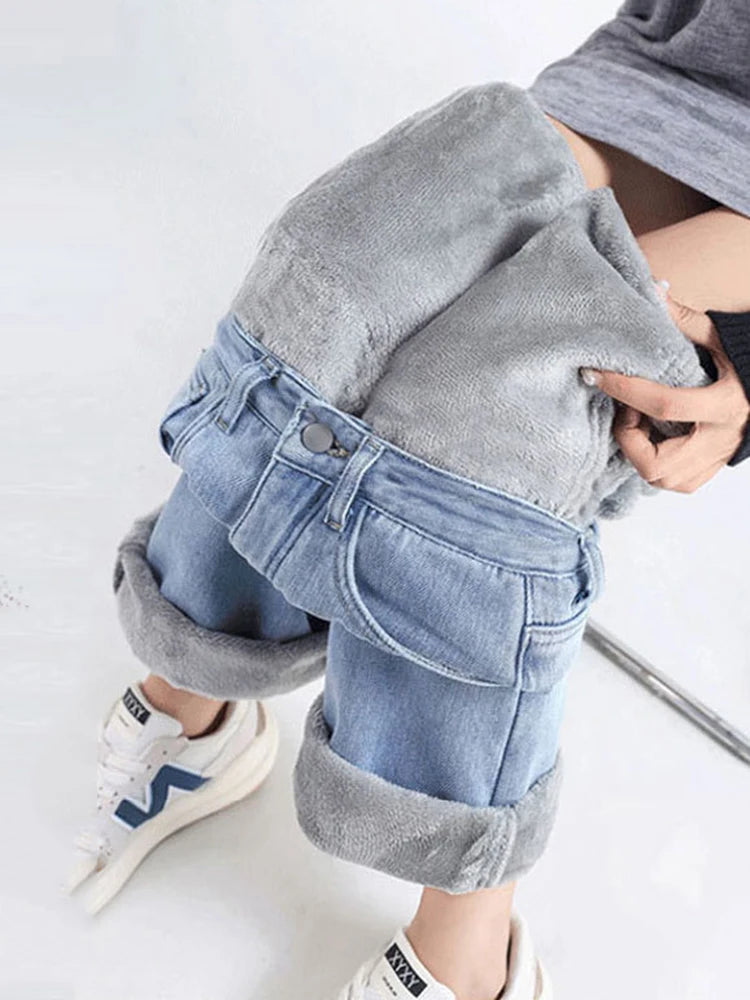 Winter Warm Baggy Straight Jeans Women Casual Thicken Velvet Lined Wide Leg Denim Pants Korean Vintage Solid High Waist Vaqueros