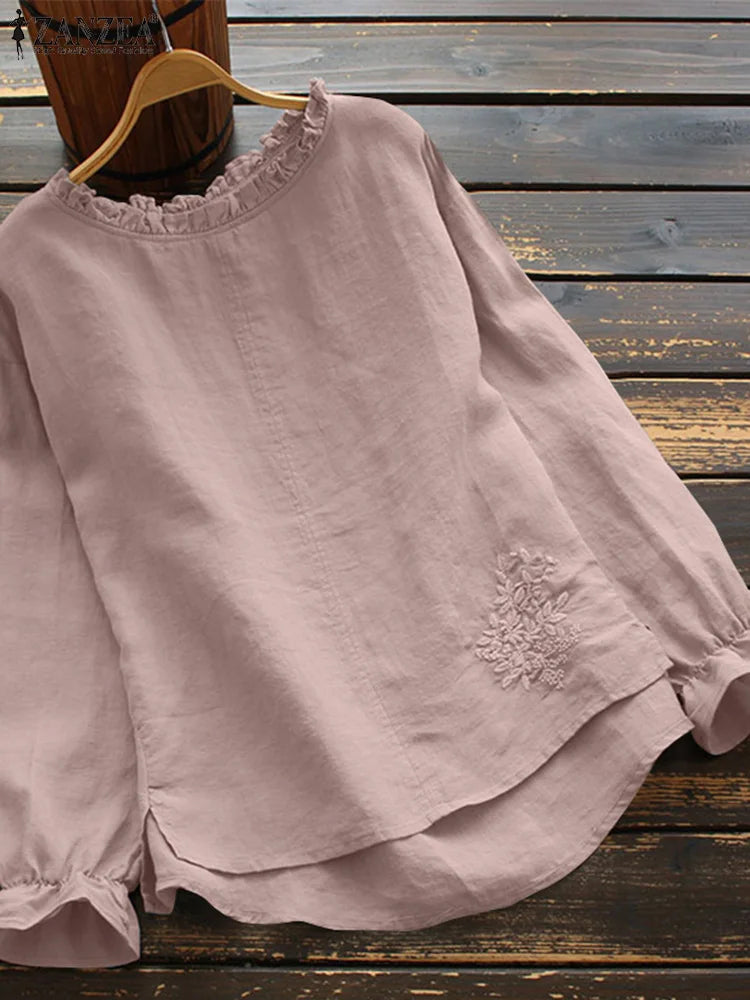 Vintage Blouses ZANZEA Autumn Floral Shirts Women Casual Long Sleeve Ruffles Tops Embroidery Blusas Femme Loose Cotton Chemise