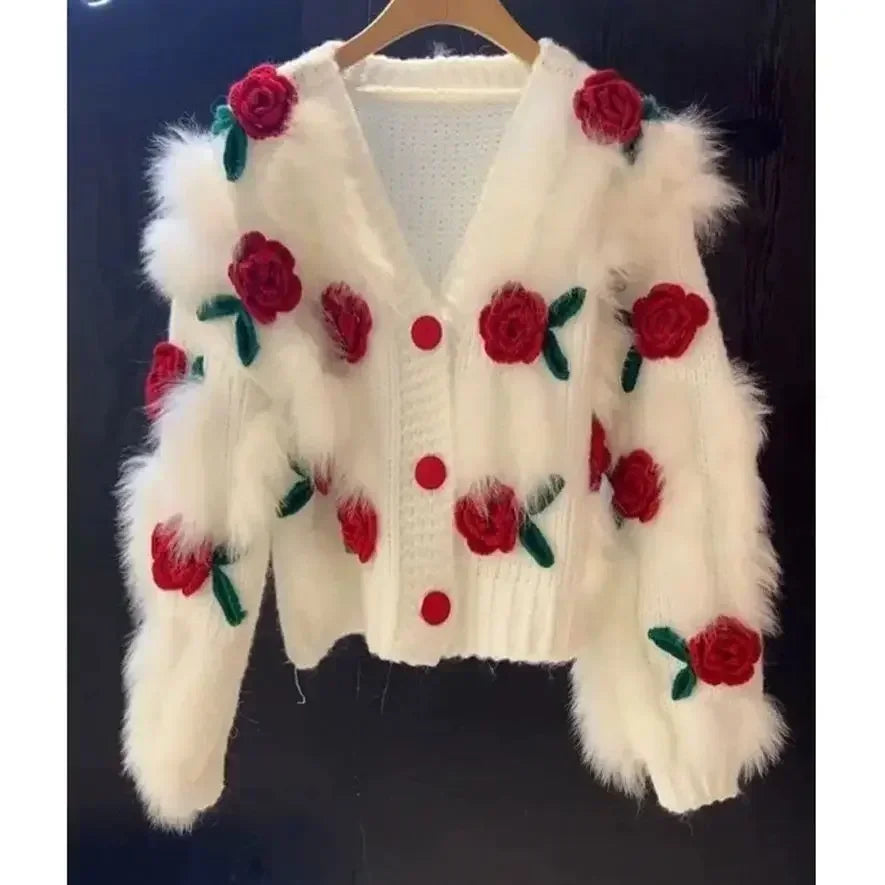 Femmes Pulls Fourrure Tricot Cardigan Automne Hiver Streetwear Mode Simple Boutonnage Fleurs Gland Court Cachemire Tricot Manteau