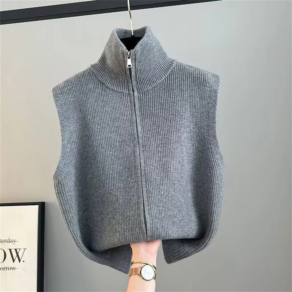 Femmes Printemps Automne Pull Ample Gilet Femme Fermeture Éclair Tricot Cardigan Gilet Dames Col Roulé Sans Manches Manteaux De Base