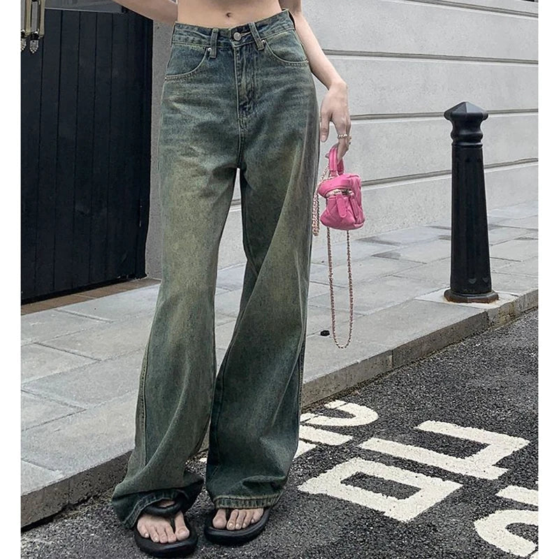 Woman High Waist Streetwear Thicken Flare Jeans Female Y2k Clothes Elegant Thermal Pants Girls Gothic Blue Yellow Denim Trousers