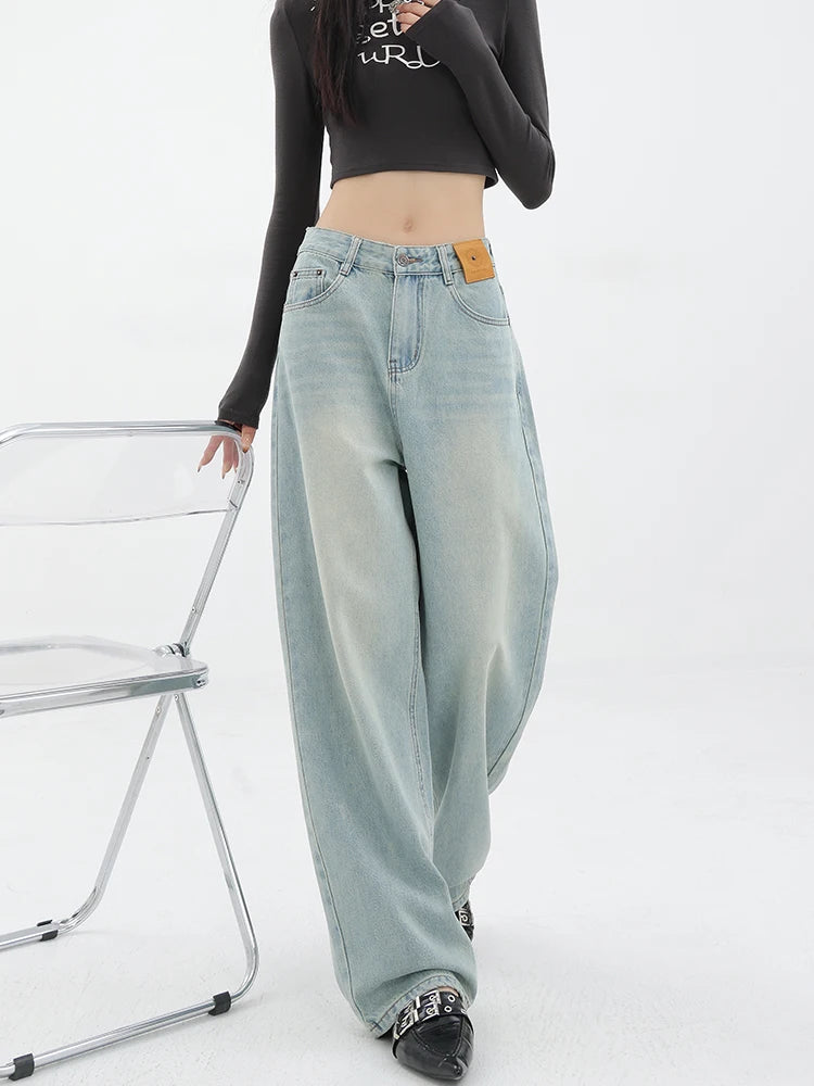 Pantalon en jean droit ample pour femme, décontracté, taille haute, vintage, style coréen, streetwear, nouvelle mode, été