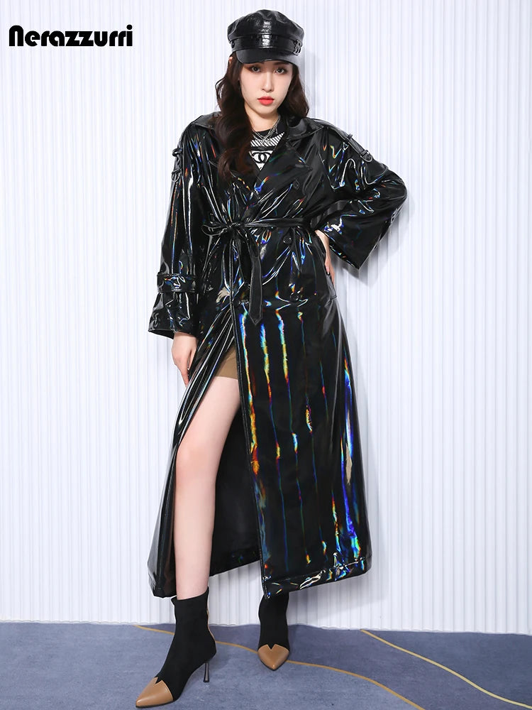 Nerazzurri Autumn Extra Long Black Holographic Shiny Reflective Stretchy Soft PVC Leather Trench Coat for Women European Fashion