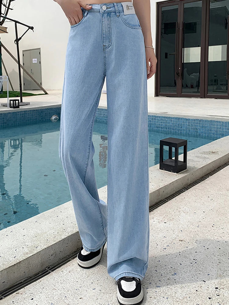 Summer Thin Woman High Waist Trousers Female 2024 New Ice Shreds Loose Washed Streetwear Jeans Black Blue Lyocell Wide Leg Pants