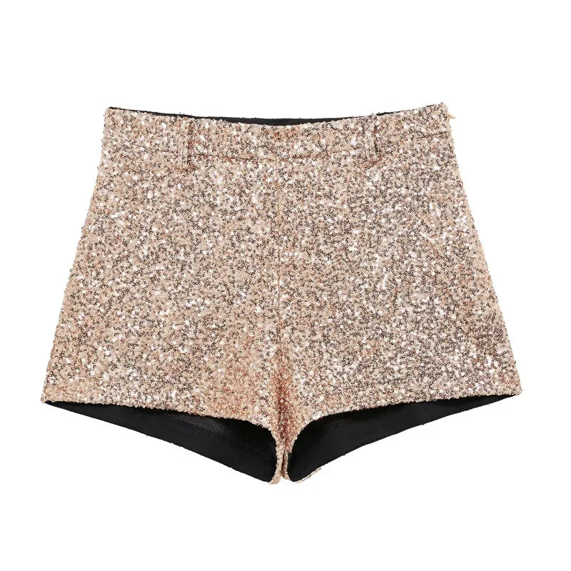 TRAF Women's Shorts Glitter Sequin Shorts For Women Mid Waist Solid Mini Short Pants Streetwear Bottoms Golden Pink Shorts Woman