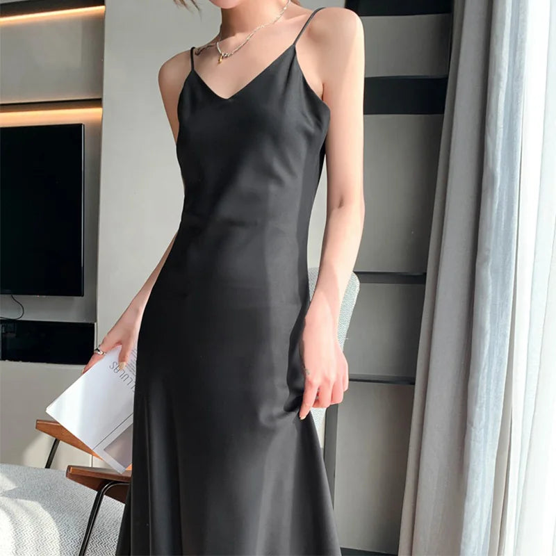 Women Long Dress Spaghetti Strap V-neck Sleeveless Sexy Summer Solid Color Mid-calf Skinny Dresses Inner Cloth