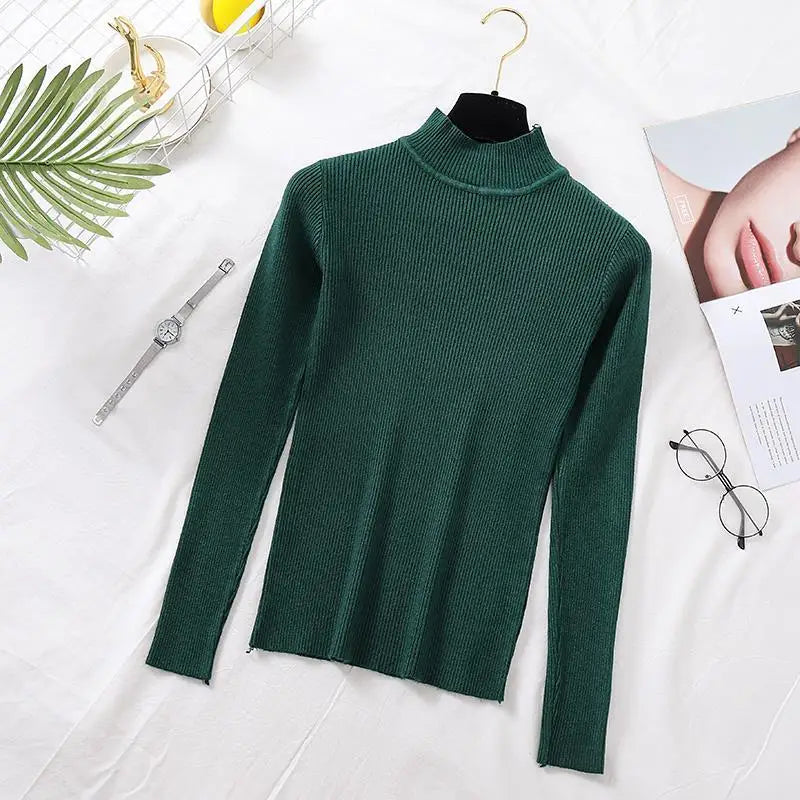 ZOKI Autumn Women Pullover Sweater Fashion Half Turtleneck Knitted Female Jumper Long Sleeve Winter Black Soft Elastic Blouse