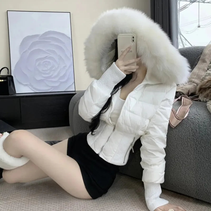 Fur Hooded High Street Short Down Jackets Zipper Fashion Slim Parkas Elegant Ladies Thick Outerwear Casual Black Coats For Women