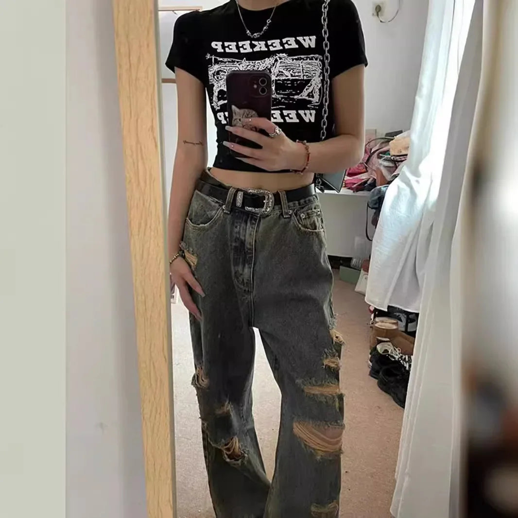 Trendy Loose-fit Wide-leg Jeans High-waisted Ripped Style European American Fashion For Women Summer 2023