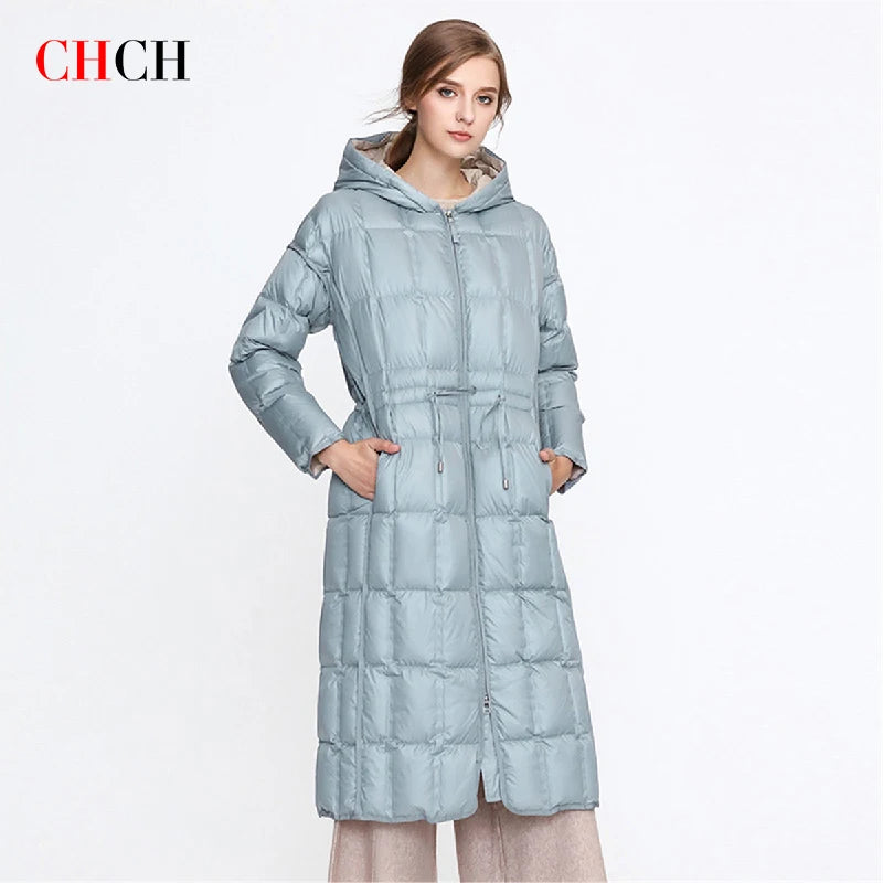 CHCH Automne Nouveau Manteau En Duvet Pour Femme Longue Veste Bouffante Épaissi À Capuche Parka D'hiver en tissu