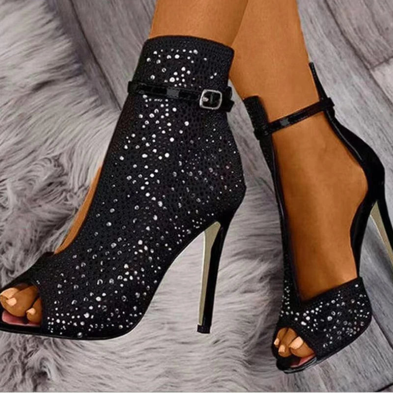 Rhinestone High Heels Summer Women's Fish Mouth Plus Size Stiletto Fashion Ankle Boots Party Sandals Sandales Femmes 2023