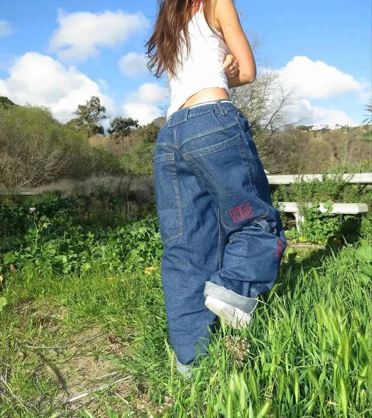 Vintage Flower Embroidery Element Washed Baggy Jeans Sweet Girl Niche Fashion Y2k Versatile Straight Trousers Blue Jeans